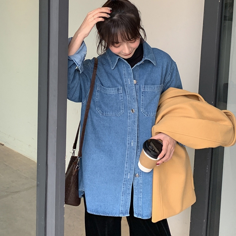 唐狮春长袖牛仔衬衫女港味复古时尚chic衬衫外套