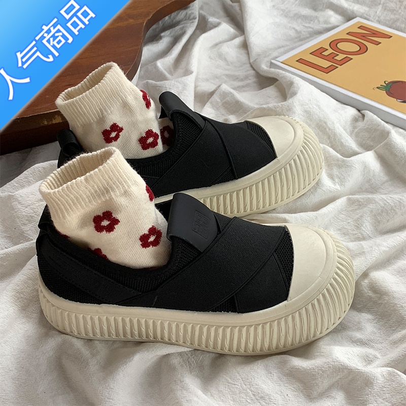 SUNTEK复古小白鞋女学生2023春夏新款透气网面饼干鞋一脚蹬厚底帆布鞋高清大图