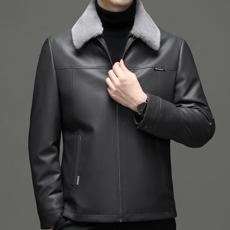 免费试穿 海宁真皮羽绒服皮衣男加绒加厚毛领可拆羽绒服韩版帅气夹克轻薄羽绒春秋新款外套皮羽绒高端外套正品官方旗舰店高清大图