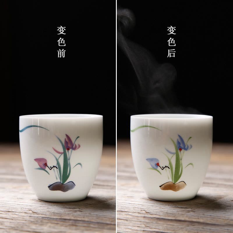 人人发 手绘变色茶杯陶瓷创意品茗杯粉彩功夫茶具小茶杯白瓷大号主人单杯 荷风变色单杯 荷风图片