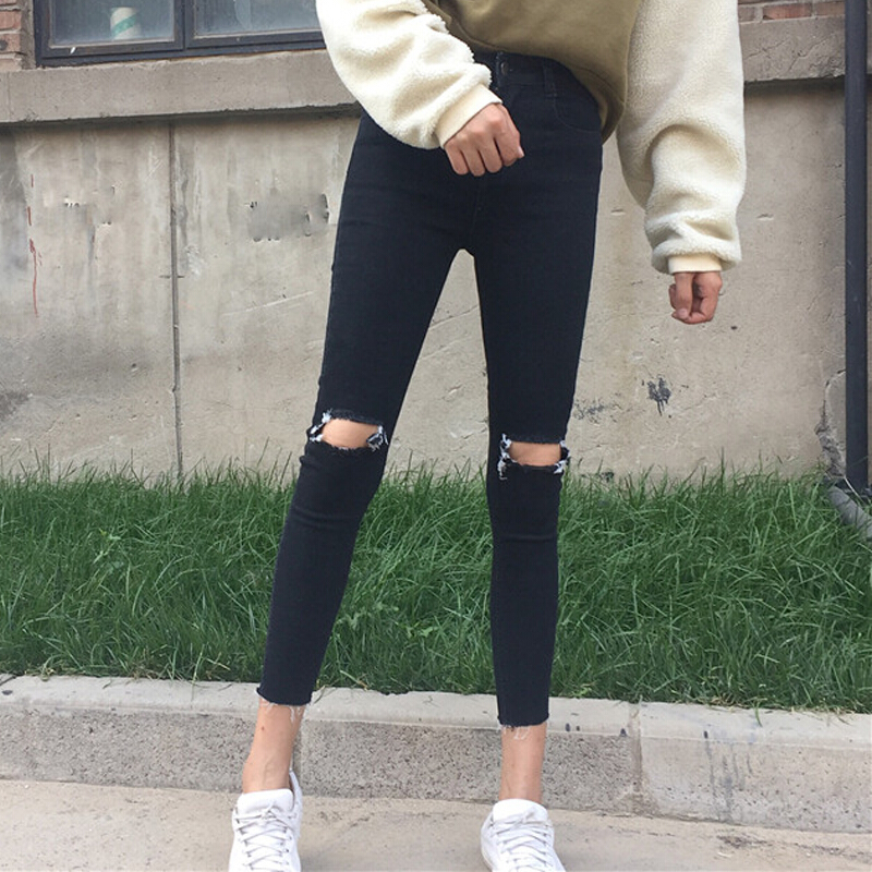 春秋女装韩版百搭高腰显瘦弹力破洞牛仔裤紧身小脚裤九分裤铅笔裤黑色