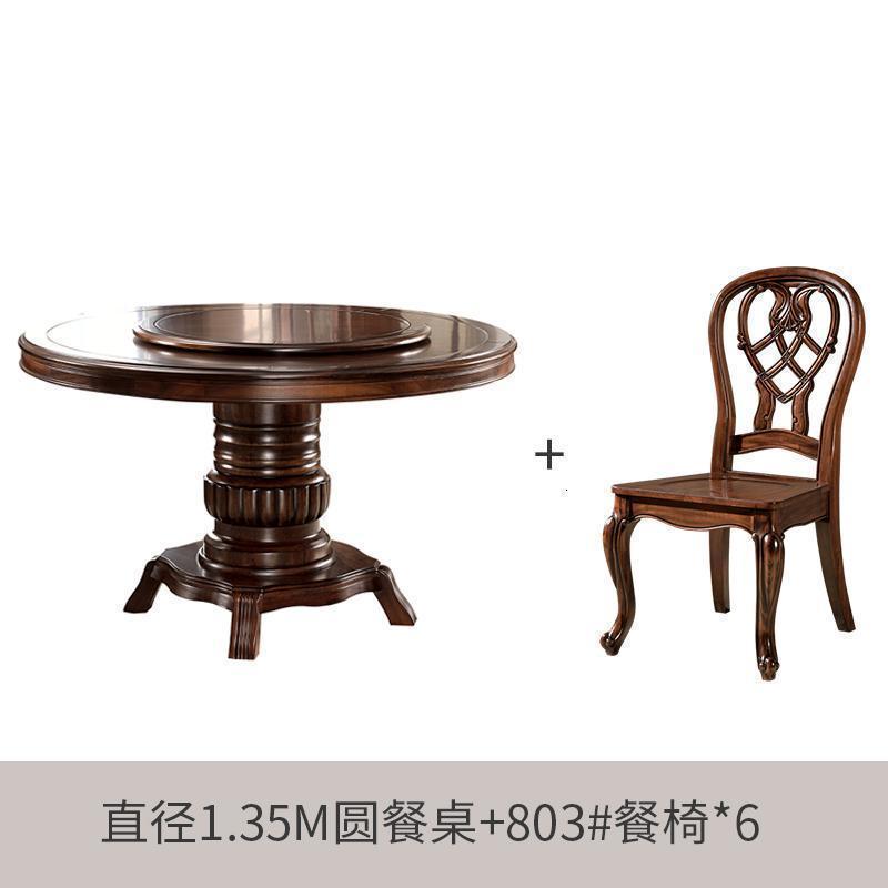BONJEAN美式餐桌黑胡桃木餐桌实木圆形饭餐桌椅组合欧式家用餐厅家具 1.35米桌+803#餐椅*6
