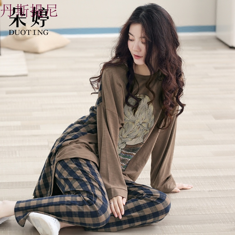 睡衣女秋冬季纯棉长袖家居服长款全棉秋天套头格子居家服套装