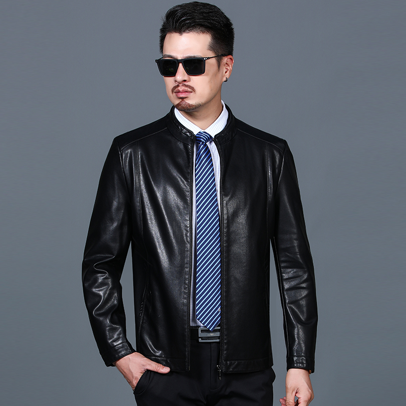 免费试穿2021中年男士皮衣秋冬季新款商务休闲翻领纯色宽松皮外套男爸爸装2021冬装新款_246 185/96A 黑色