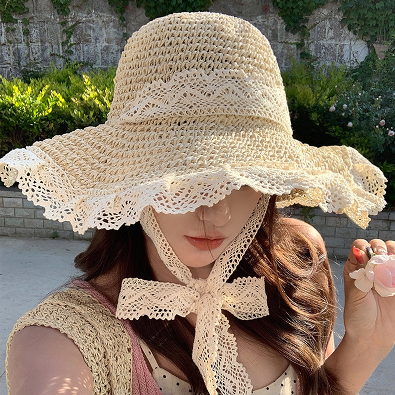 闪电客草帽女夏季镂空草编帽出游防晒帽子沙滩海边大帽檐遮阳帽