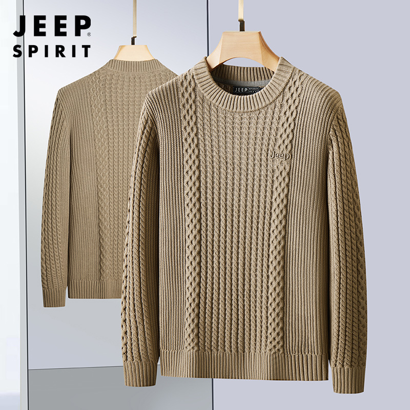 JEEP SPIRIT吉普男士纯棉毛衣秋季圆领针织上衣新款宽松保暖套头时尚毛衫 深卡其 M