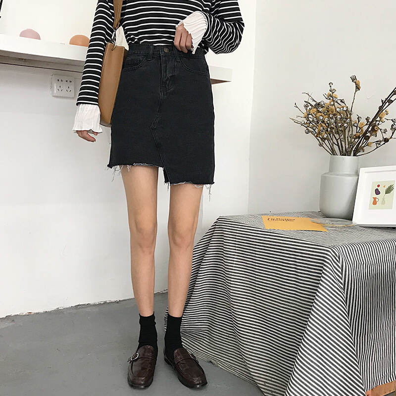 不规则半身裙春夏韩版百搭chic高腰显瘦须边A字牛仔短裙学生黑色显瘦