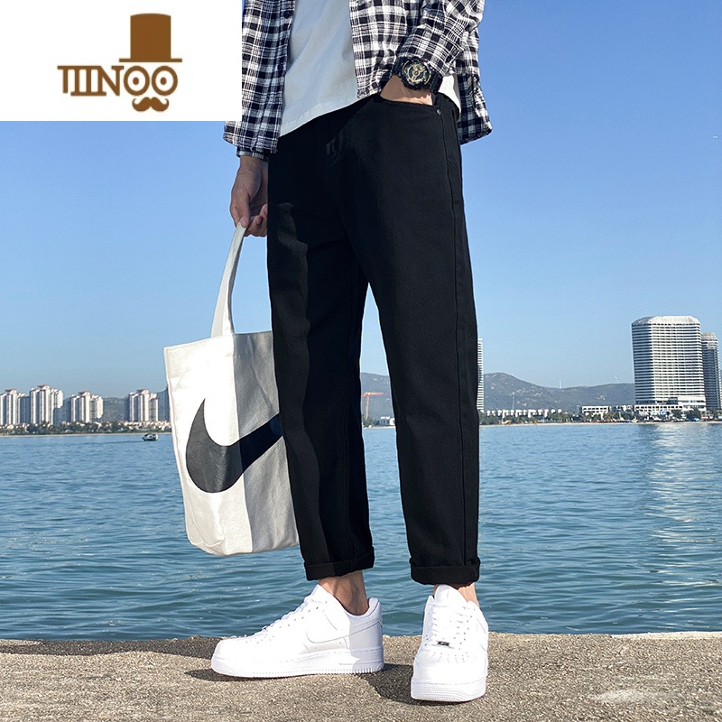 YANXU夏季新款黑色牛仔裤男宽松直筒2022潮流百搭阔腿九分裤子男士宽男高清大图