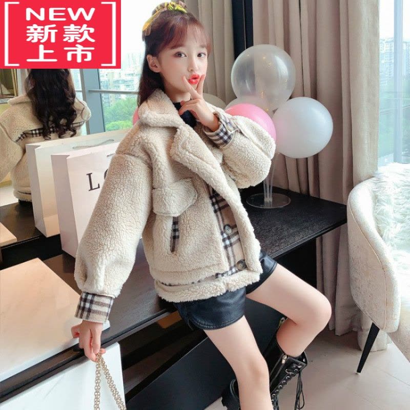 可莉允女童冬装外套加绒加厚新款洋气仿羊羔绒毛毛衣小香风中大童棉袄潮棉服图片