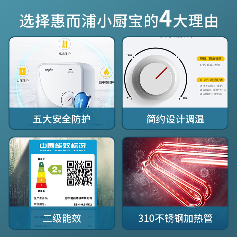 惠而浦小厨宝ESH-6.5MD2(下出水)迷你小厨宝家用储水即热速热式小型6.5L高效节能1800W
