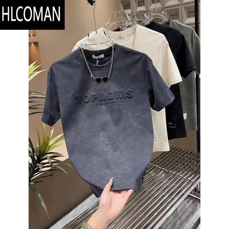 HLCOMAN夏季潮牌立体字母个性晕染短袖T恤男装2025新款青年圆领半袖体恤
