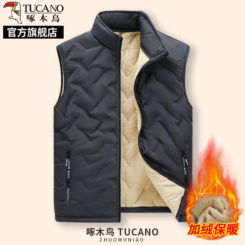 啄木鸟羊羔绒马甲男士冬季外套加绒加厚中年爸爸马夹保暖背心绒高清大图