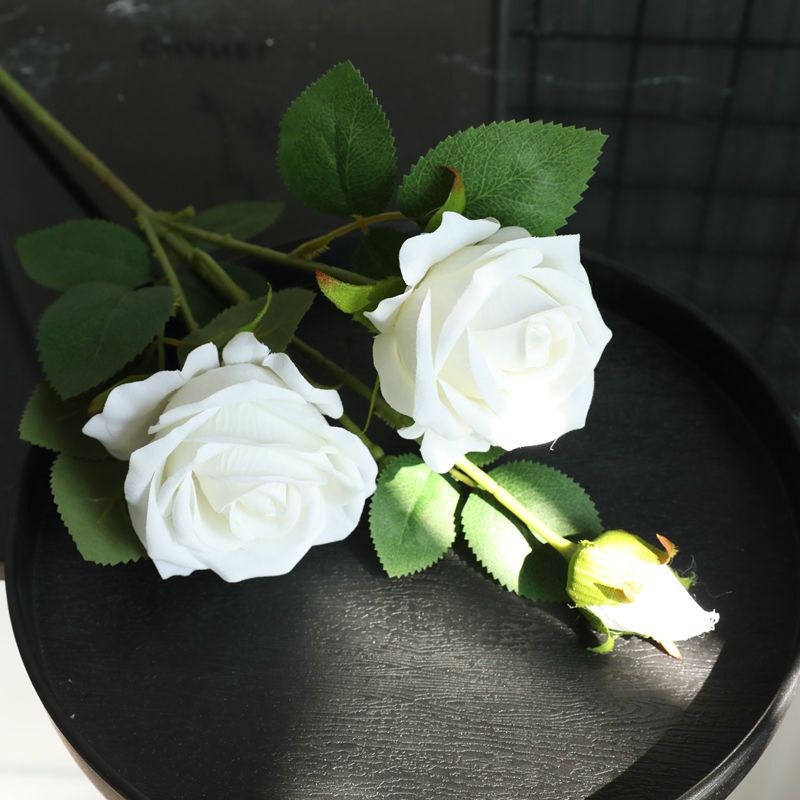 多头绒布珍珠玫瑰花假花仿真花束装饰花摆件客厅北欧餐桌花艺摆设白色