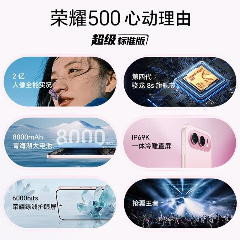 荣耀500 Pro 16GB+1TB 海蓝宝 骁龙8至尊芯 2亿超清影像 8000mAh大毫安 80W 无线高清大图
