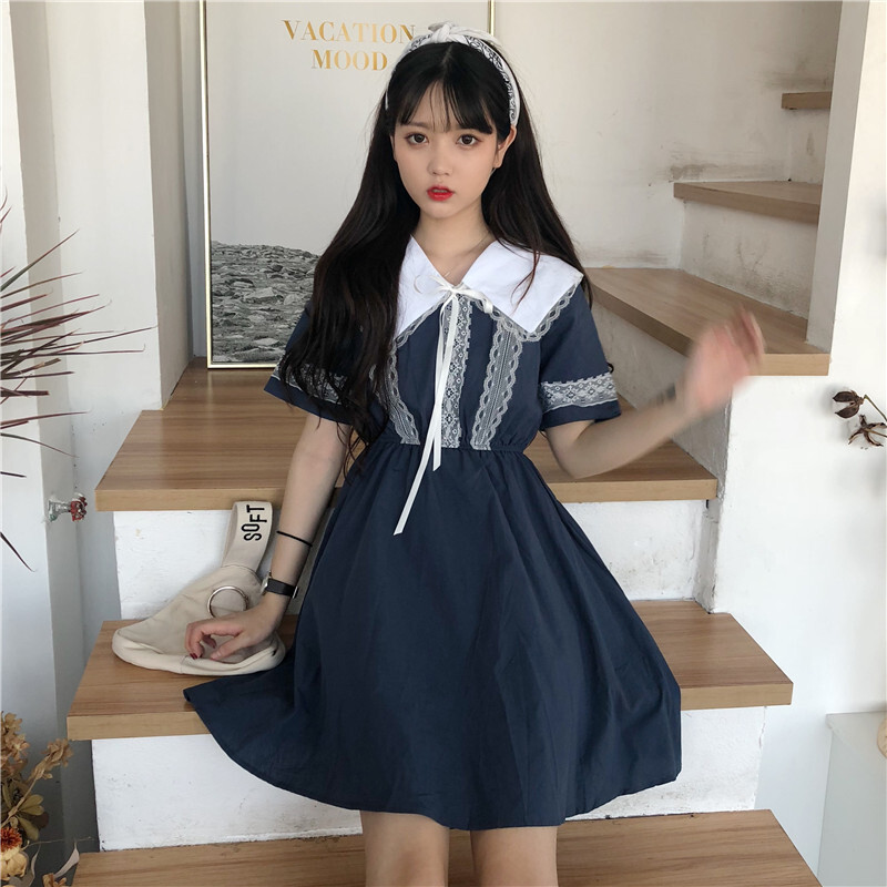 韩版中长款气质娃娃领蕾丝花边拼接高腰连衣裙学生显瘦裙子女夏季杏色均码