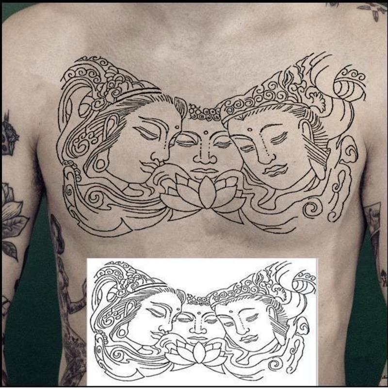 1张_ 线条三面佛纹身贴 胸前大图 男女刺青 花臂 男女防水纹身贴持久刺
