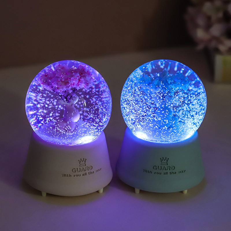 梦幻水晶球音乐盒八音盒旋转雪花带灯创意儿童女生孩房间生日 三维工匠 发条款-粉