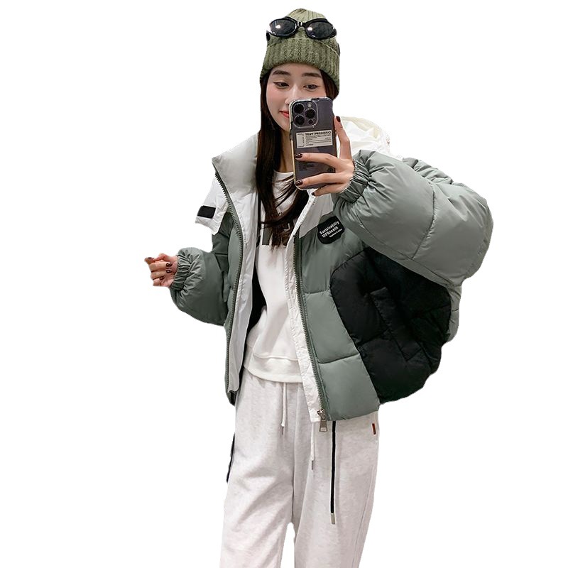 2023冬季新款撞色拼接羽绒棉服短款宽松韩版面包服连帽潮女士外套高清大图