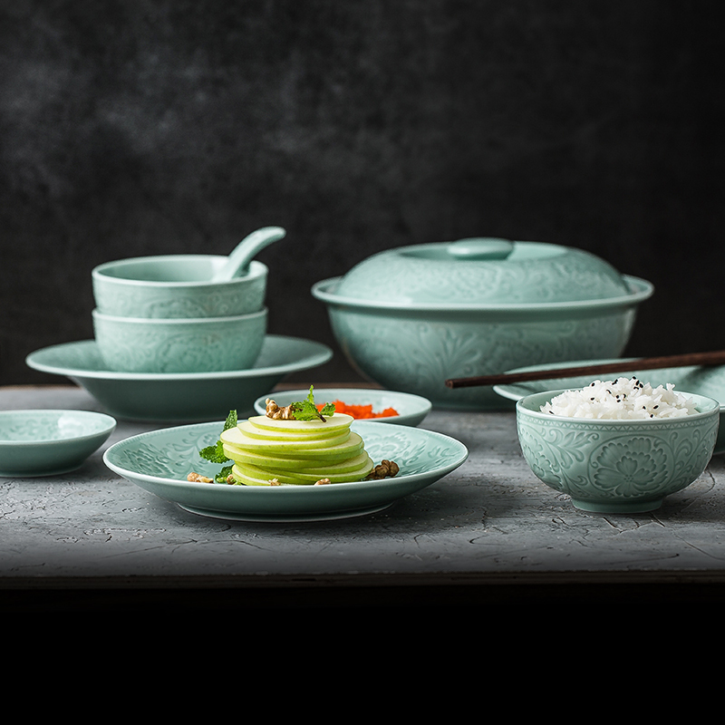 苏氏陶瓷 SUSHI CERAMICS 青瓷套装餐具花开富贵25头陶瓷盘碗礼盒装