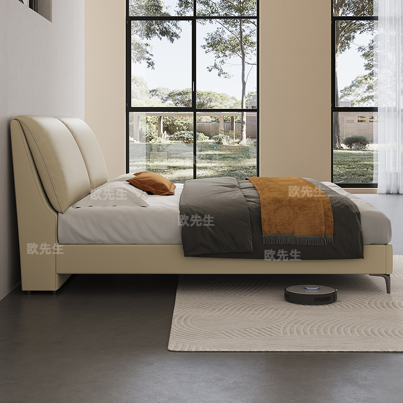 大象耳朵头层牛皮床主卧次卧双人大床实木真皮极简婚床高清大图