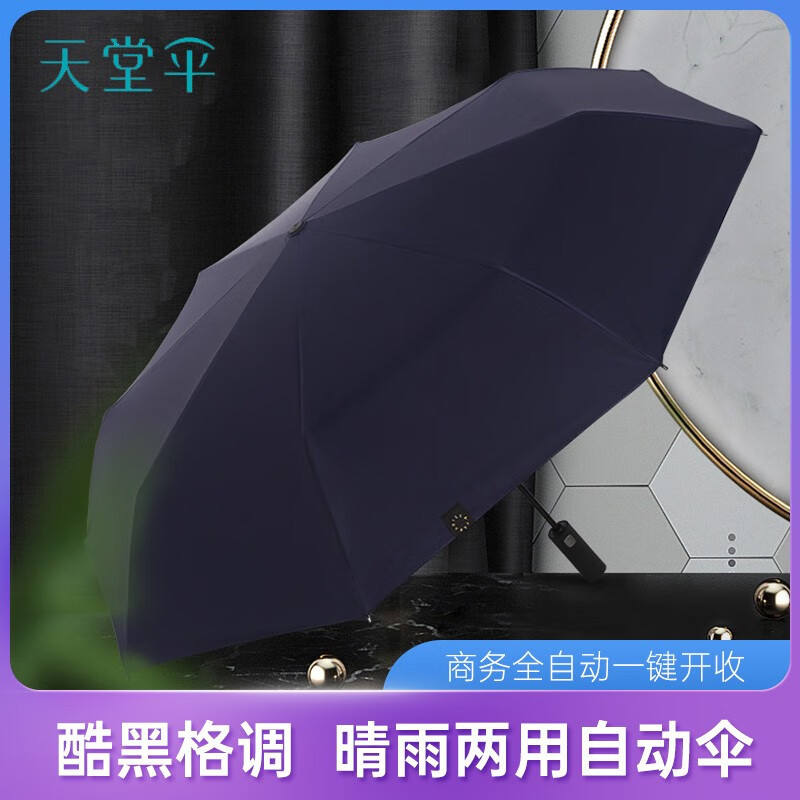 天堂全黑胶晴雨伞 全自动自开自收大号双人伞 31115E 深藏青黑胶款高清大图
