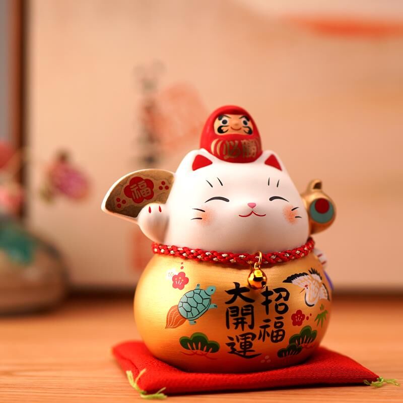 日本达摩猫陶瓷摆件店铺开业升职送人结婚生日 三维工匠 小号&9CM(福樱金福锤金福扇)猫高清大图