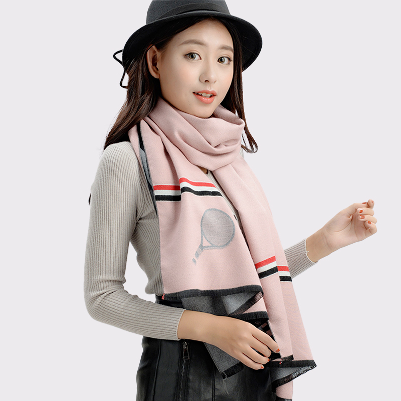 恒源祥围巾冬季女百搭 秋冬新款保暖加厚冬天粉色围脖女生日礼物 球拍粉灰