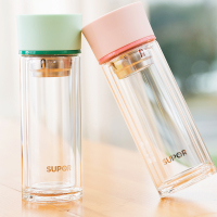 苏泊尔(SUPOR)纤巧耐热玻璃杯KC28AK2 时尚青春硅胶杯套手提水杯学生杯办公茶杯双层随行杯带茶隔280ml