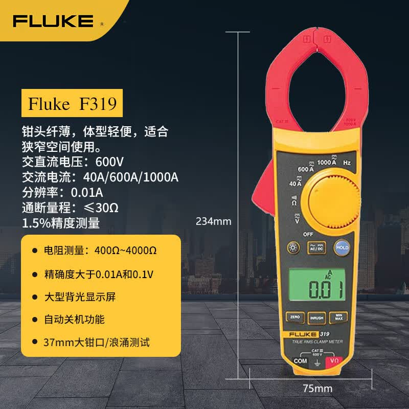 福禄克(FLUKE)真有效值交直流数字钳形表 F319 数字多用表(单位:台)