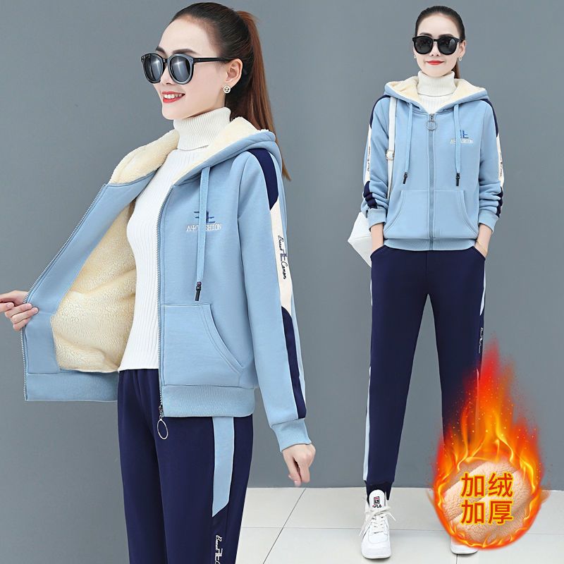 加厚加绒运动套装女秋冬2021新款韩版羊羔绒拉链卫衣休闲服两件套