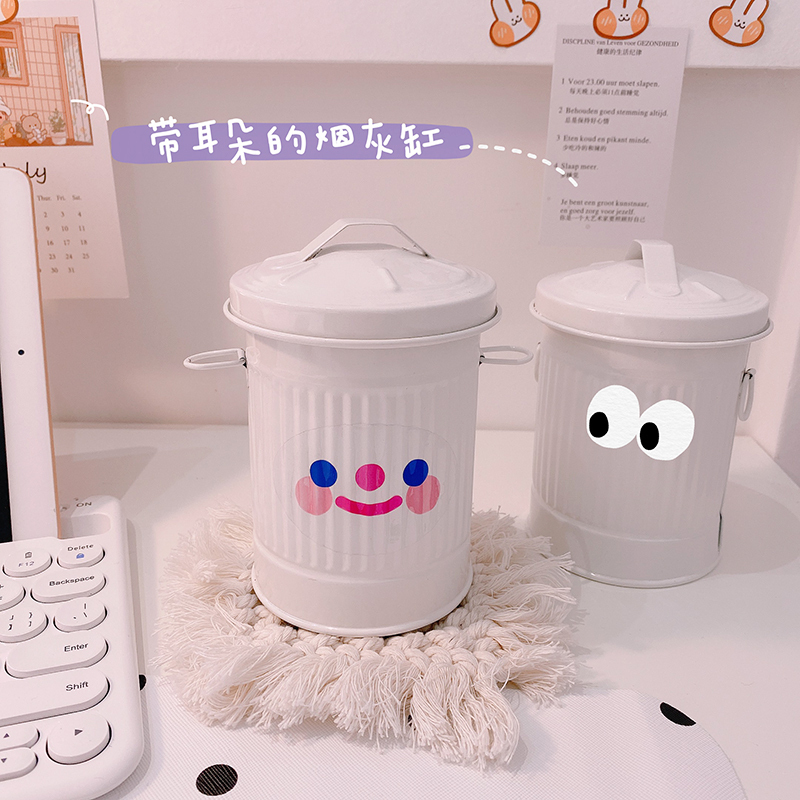 简约韩风铁罐子带盖桌面收纳桶笔筒铁皮杂物盒烟灰缸摆件 白色铁皮桶