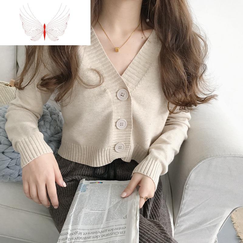 高腰短款针织开衫V领毛衣小外套女韩风简约纯色长袖外塔披肩上衣 暖青汇
