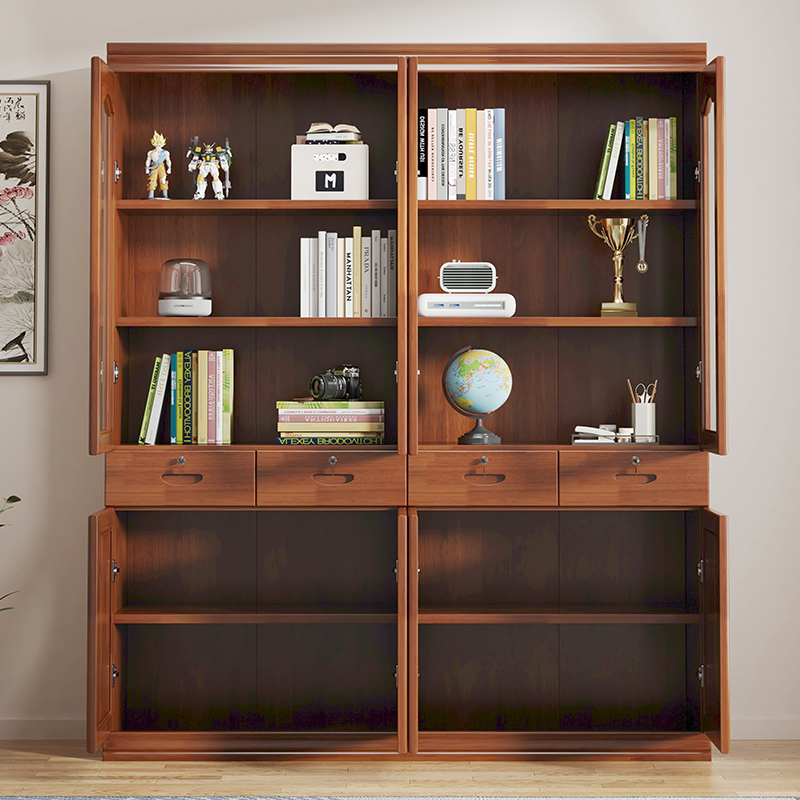青木川 实木书柜客厅书房三门五门带玻璃门办公室防尘带锁文件柜靠墙