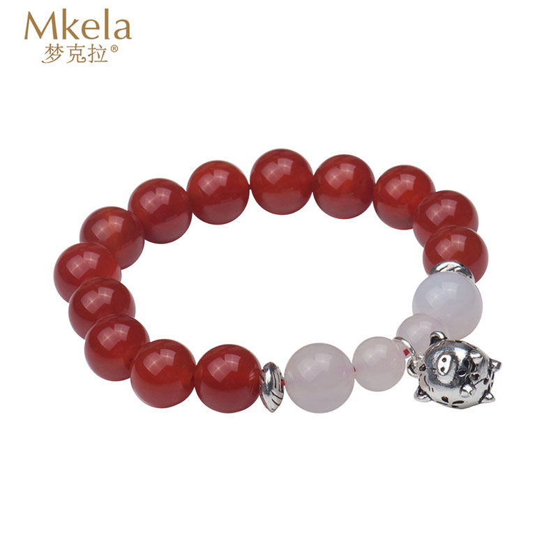 梦克拉 S925银红玛瑙白玛瑙银猪手串 发财猪 时尚潮流撞色手链 红玛瑙