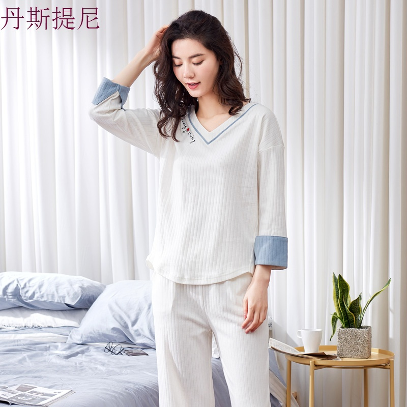 春秋季睡衣女纯棉长袖韩版V领公主风可外穿清新薄款家居服套装夏