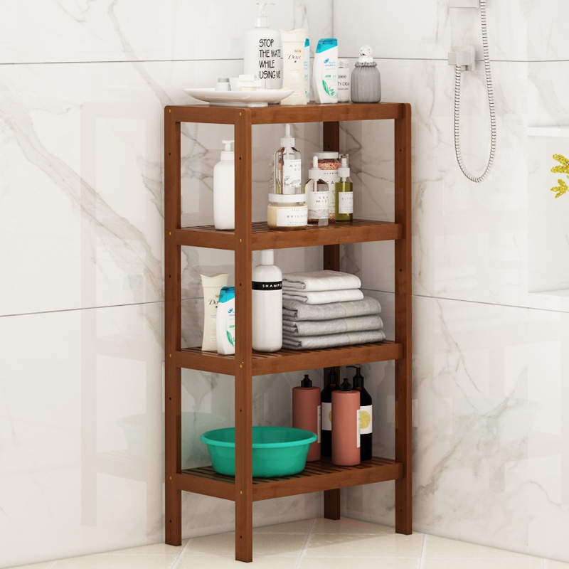 浴室置物架卫生间落地厕所洗脸盆架子免打孔竹质沐浴露收纳架