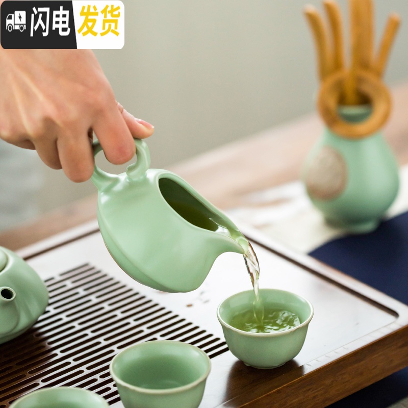 三维工匠汝窑茶具套装家用陶瓷功夫茶具冰裂釉开片哥窑简约泡茶壶盖碗茶杯 汝窑《贵妃》12件套+茶叶罐 10件高清大图