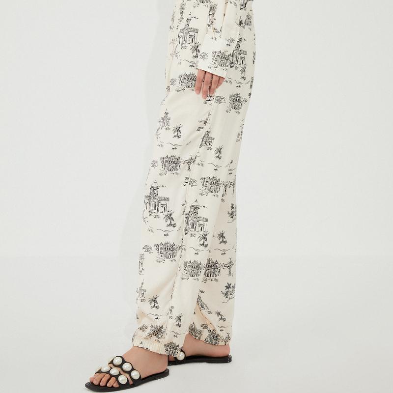 [2件2折价:76]MECITY女装夏季新款复古时髦建筑印花设计口袋松紧束脚裤女高清大图