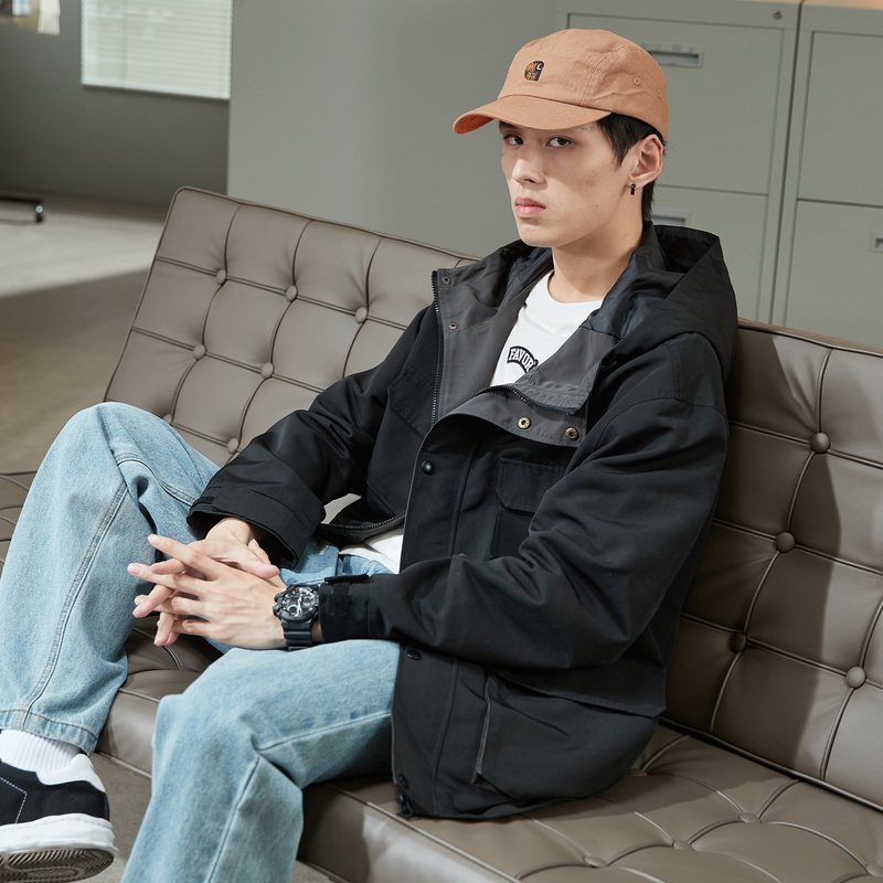 3件85折1699元唐狮春装新款外套男工装口袋连帽外套潮流男生高级夹克