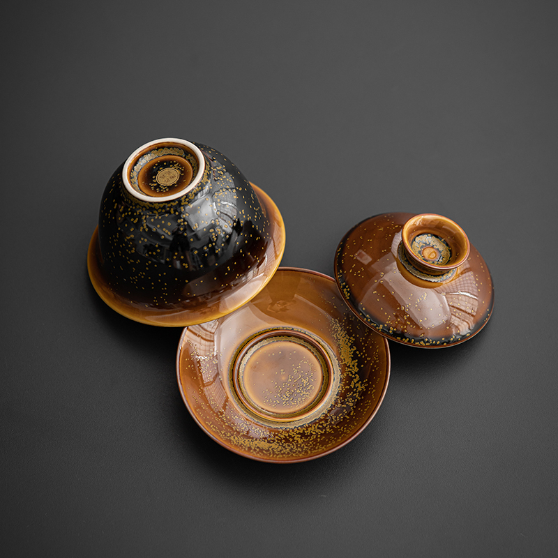 苏氏陶瓷(SUSHI CERAMICS)金油滴釉三才盖碗西施壶功夫茶具大套组