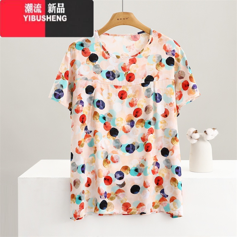 YIBUSHENG季棉绸短袖上衣女薄款宽松大码妈妈人造棉圆领T恤衫中老年I 5XL(适合130-155斤) 浅色波点