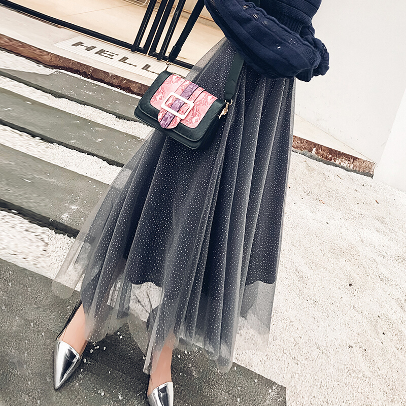 高腰网纱半身裙女中长款2018春装新款韩版百搭时尚半身长裙百褶裙蓝色