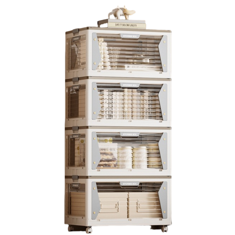 华普思多层折叠柜五开门家用衣服棉被收纳箱学生书本收纳盒储藏零食玩具白色大号88L四层(4个万向轮+1个盖子+4个箱体)