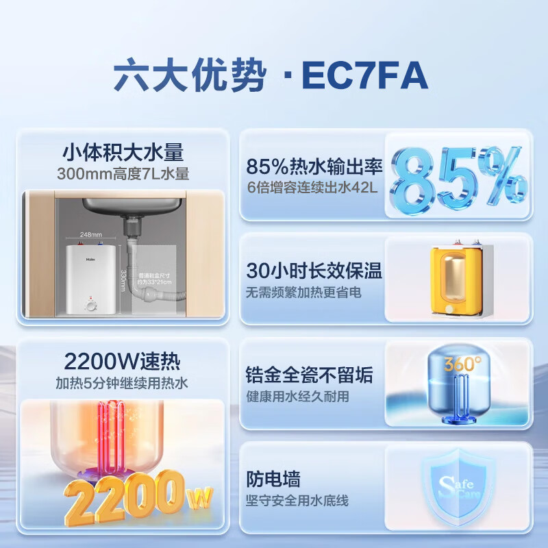 海尔(Haier)智家出品Leader统帅小厨宝速热一级能效恒温节能速热厨房小型电热水器储水式 7L 2200W高清大图