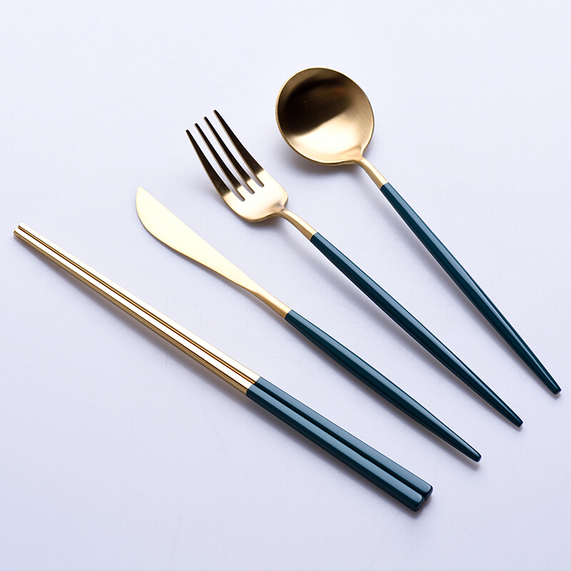 牛排刀叉套装西餐餐具绿金304不锈钢刀叉勺子筷子