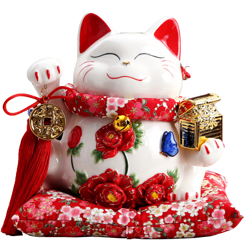 大号10寸花开富贵招财猫摆件礼盒装 陶瓷存钱罐招财猫储蓄罐 办公室前台商铺居家摆件开业乔迁礼品 布垫