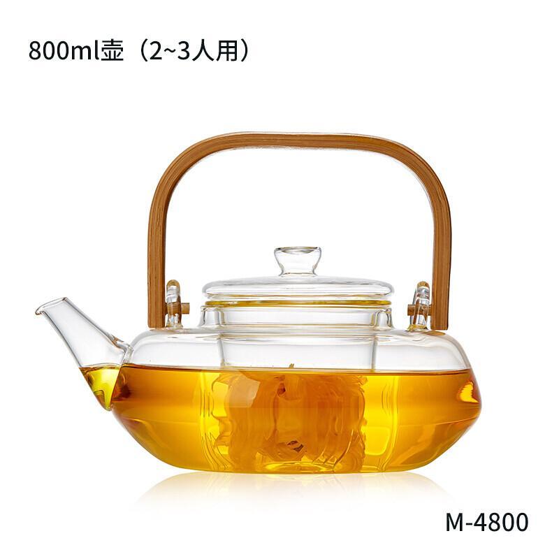 玻璃茶壶水壶提梁壶竹把耐高温加厚泡茶壶普洱黑茶煮茶壶 1壶+4杯+茶盘