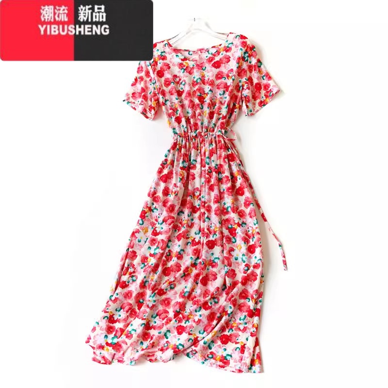YIBUSHENG时尚棉绸连衣裙大摆裙系带收腰宽松显瘦V领绵绸长款人造棉口袋高清大图