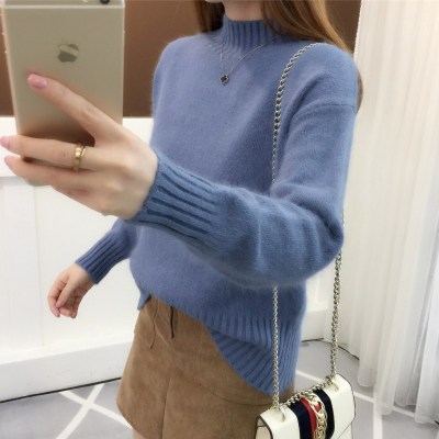 毛衣女秋冬短款时尚加绒宽松套头纯色半高领螺纹针织百搭打底衫厚_2