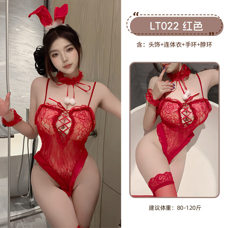 九里晴川情趣内衣深V交叉绑带蕾丝花边魅力性感连体兔女郎套装 九里晴川LT022【开裆兔女郎套装-红】 均码